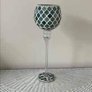 Tall, green blue mosaic candle holder